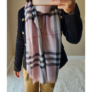 Burberry Lightweight Giant Check Wool Silk Viscose Scarf 84.6'' x 27.6'' Pink
